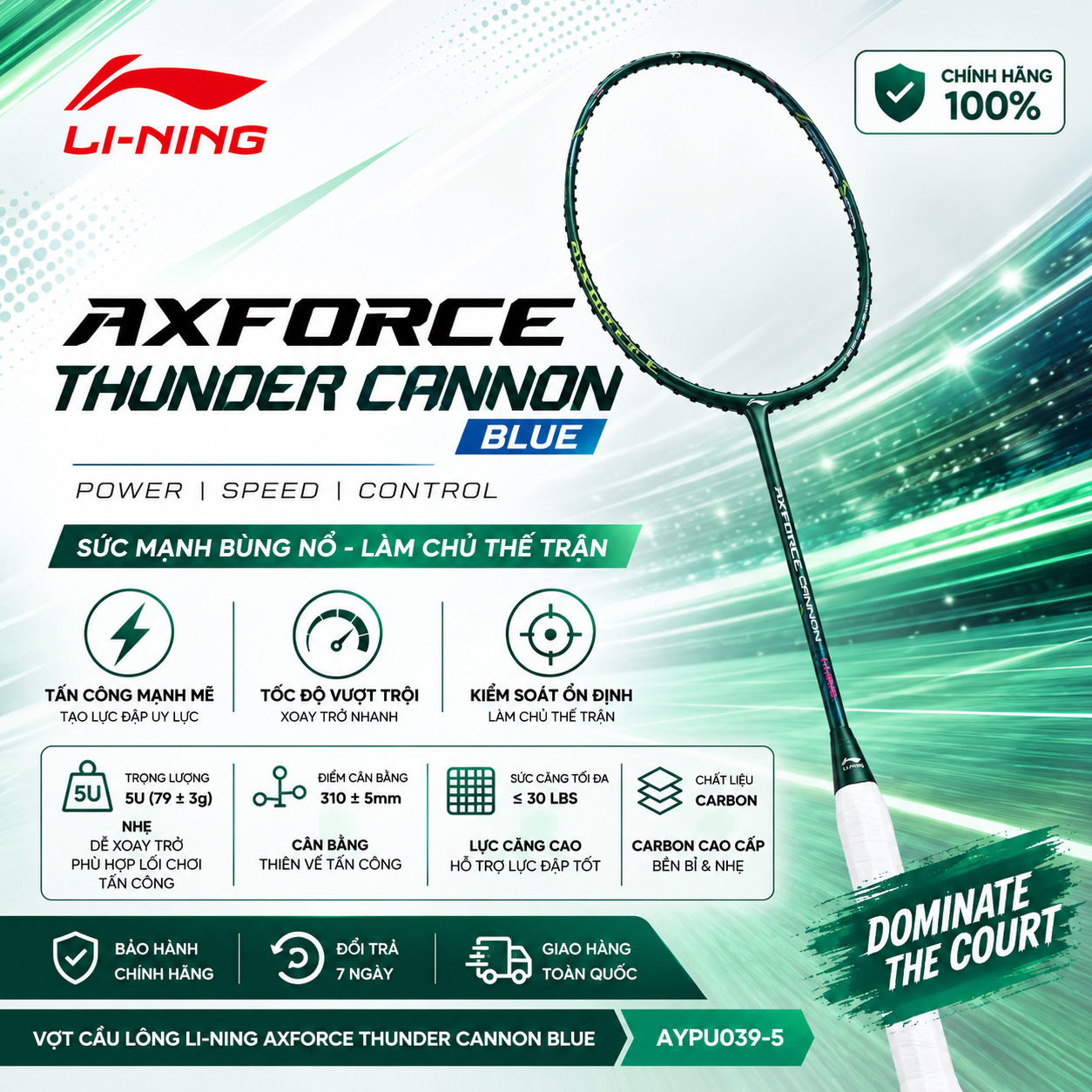 Khung vợt cầu lông Axforce Cannon - 5U Deep Teal