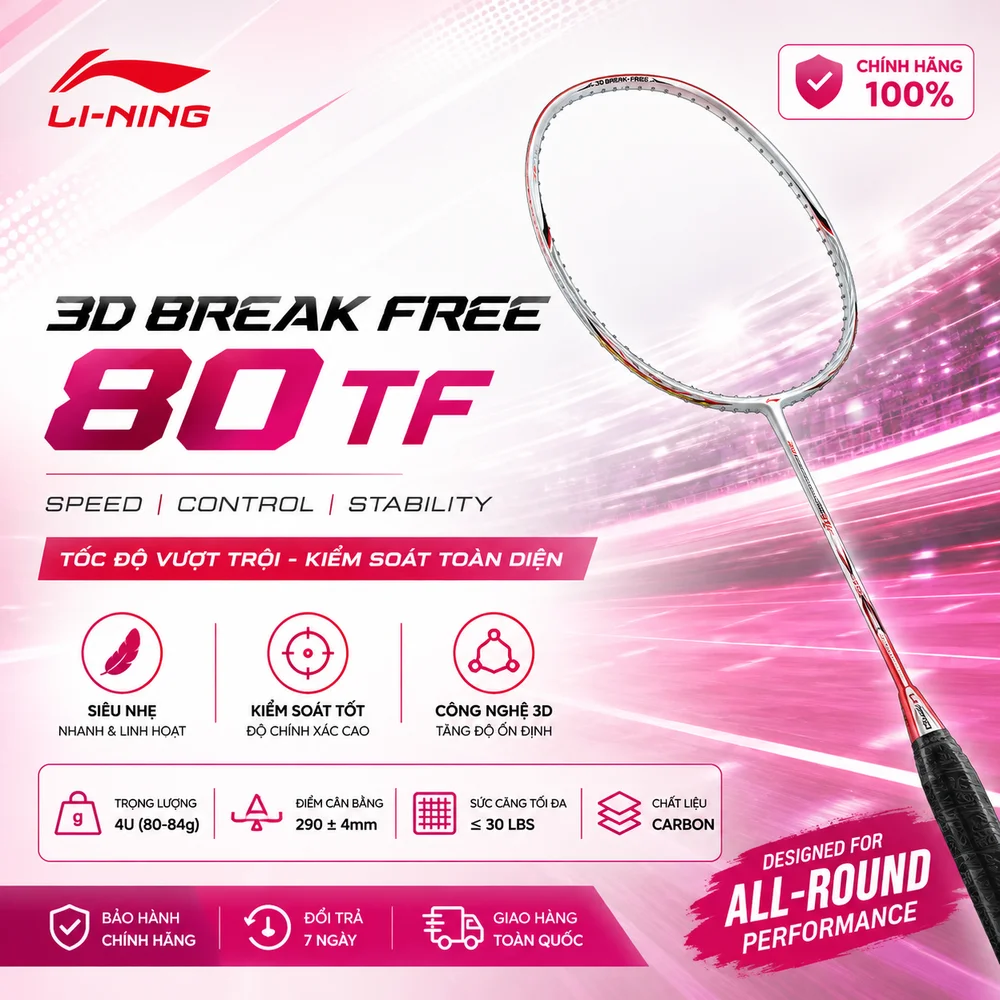 Khung vợt cầu lông Li-Ning 3D Break Free 80 TF bạc đỏ