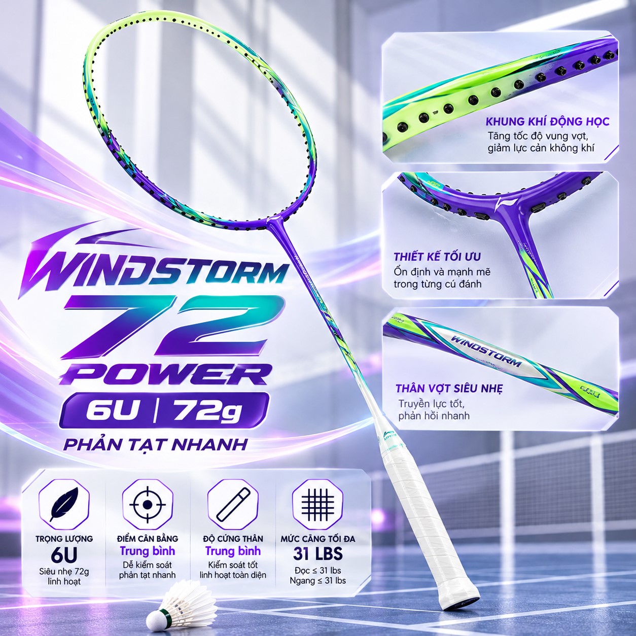 Vợt cầu lông Li-Ning Storm 72 Power (6U) P-AYPU071-6 (Khung vợt)