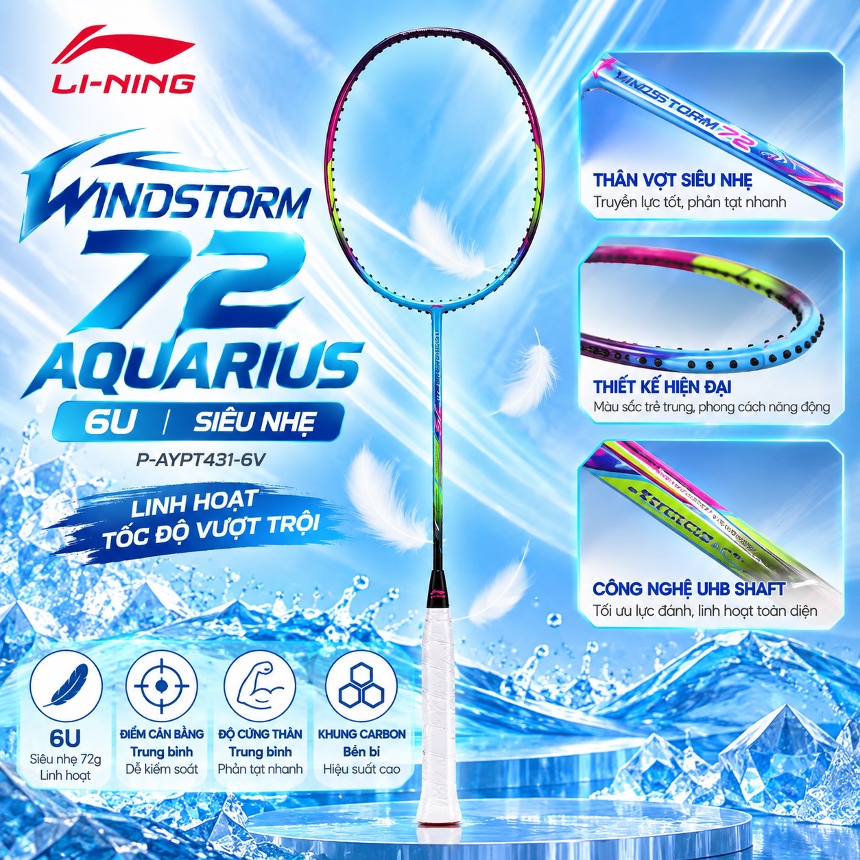 Khung vợt cầu lông WindStorm 72 Aquarius 6U